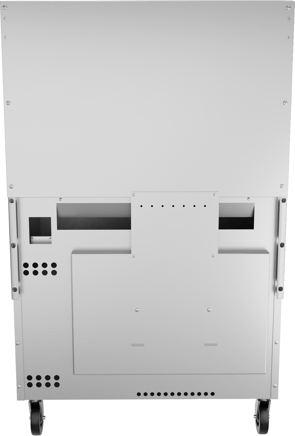 A metallic, wheeled rectangular equipment cabinet seen from the back, featuring ventilation holes, a central mounting plate, slots, screws, and a large panel—ideal for housing an electric restaurant range. The smooth surface is predominantly silver-gray in color.