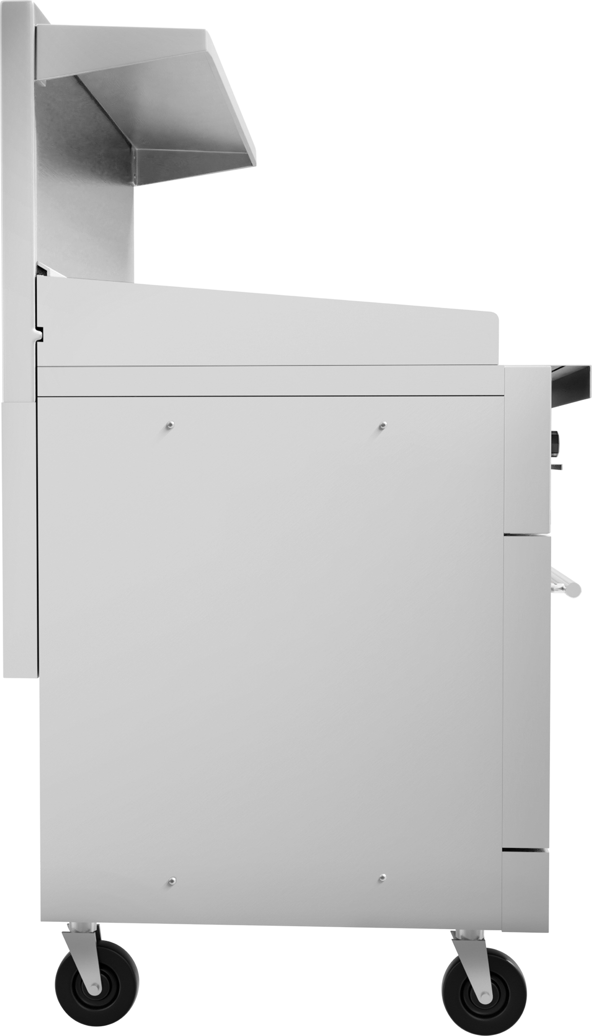 A side view of a white wheeled utility cart or workstation, featuring a flat upper shelf, a large lockable storage compartment—ideal for storing accessories for your 36" griddle—and a pull-out handle on the right. The cart boasts sleek swivel casters and minimalistic style.