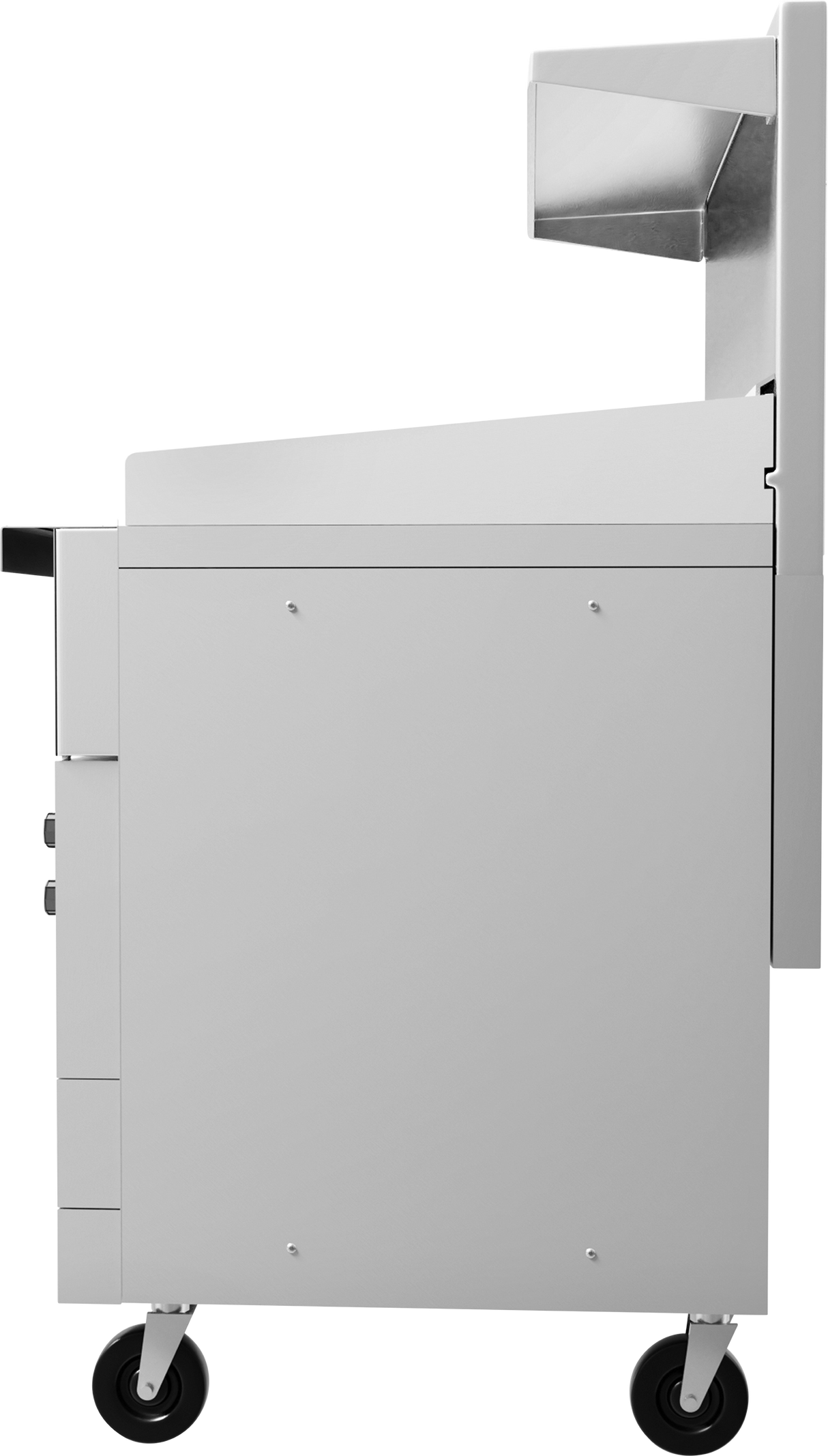 A side view of a modern, rectangular, stainless steel appliance on black wheels. The electric restaurant range features a flat upper surface with a 36" griddle and an oversized oven, plus control buttons on the left. The background is plain white.