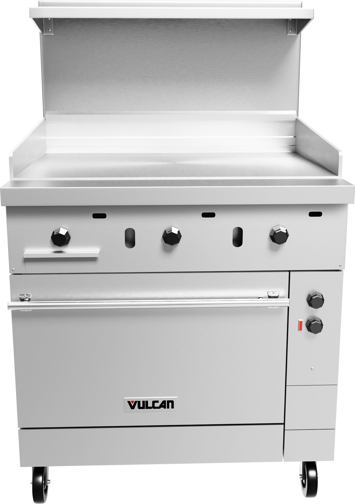 A stainless steel Vulcan electric restaurant range featuring a griddle with four control knobs, a smooth flat cooking surface, an oversized oven compartment with handle, side control dials, caster wheels, and a visible brand logo on the oven door.