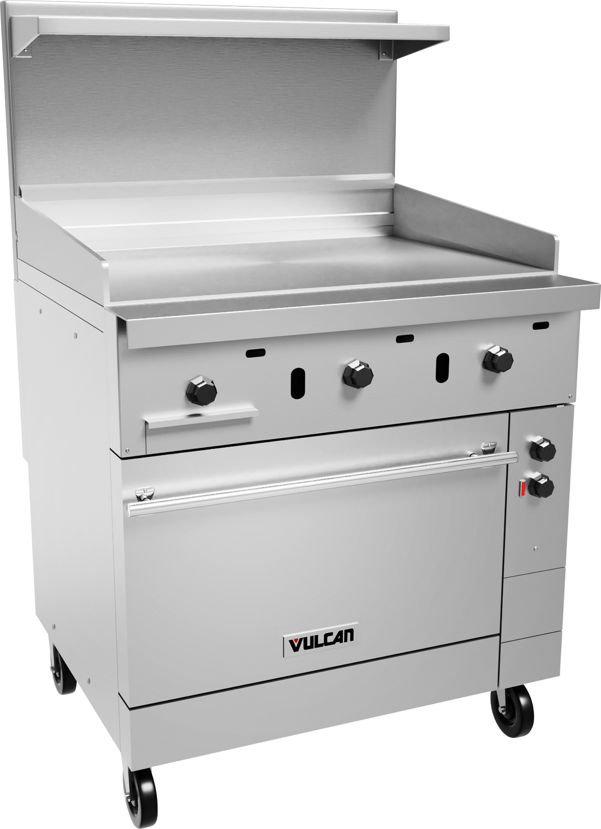 A commercial stainless steel electric restaurant range featuring a 36" griddle cooktop, four control knobs, vent slots, an oven door with Vulcan logo, a shelf above the griddle, and caster wheels for easy mobility.