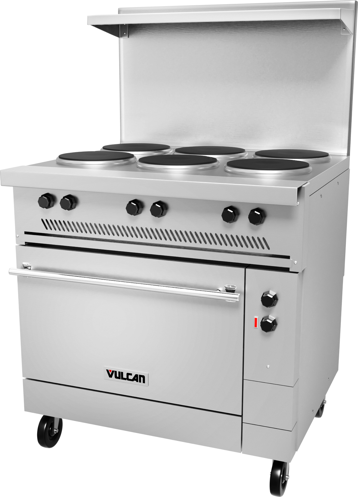 A large commercial electric Restaurant Range with six black round French hotplates, control knobs on the front panel, an oven below, side switches, a backsplash, and wheels for mobility. The Vulcan brand name appears on the oven door.