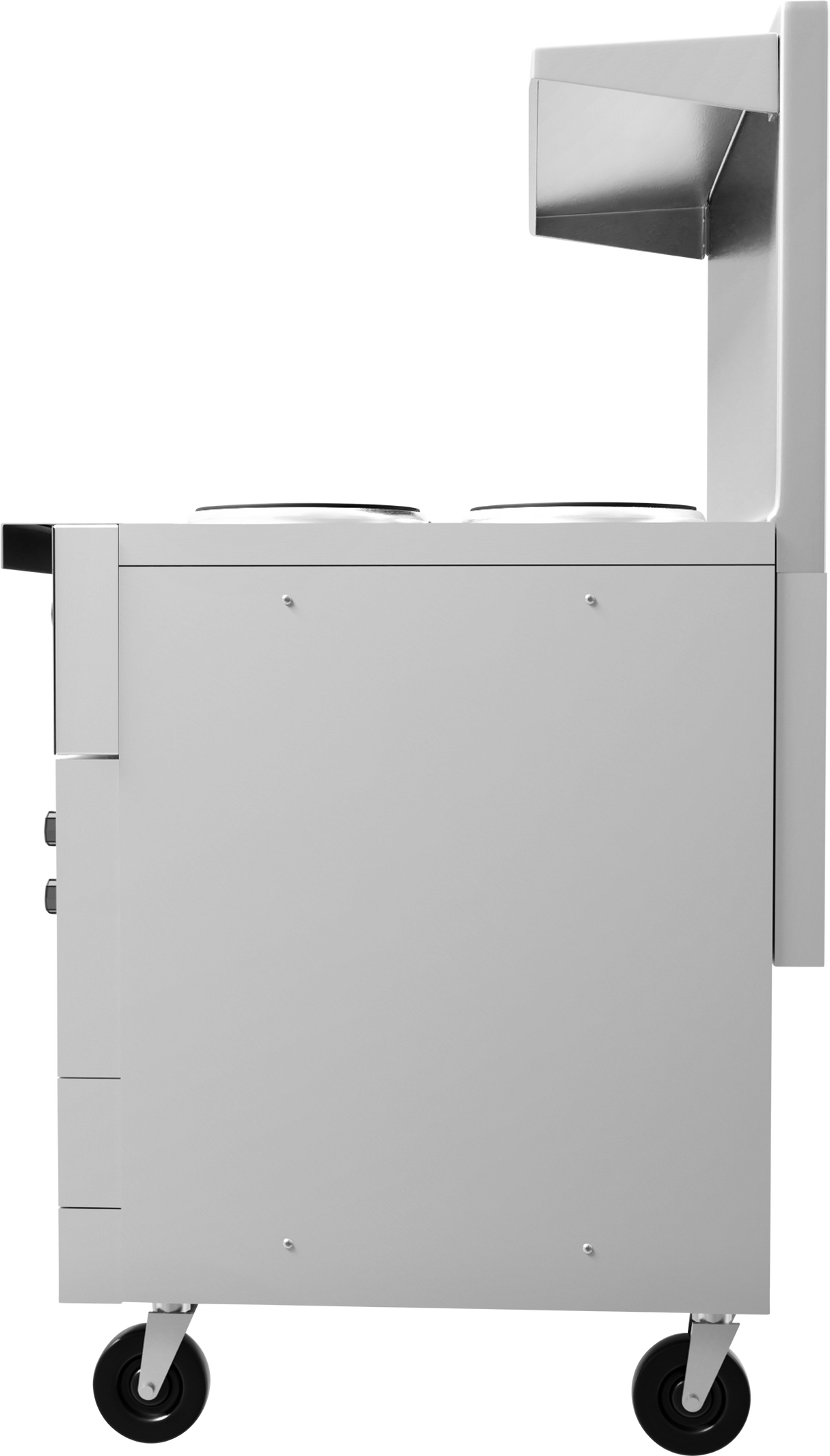 A side view of a modern, silver, wheeled food service cart with two round French hotplates on top and a raised back panel. The cart has black caster wheels and a minimalist, industrial design against a plain white background.