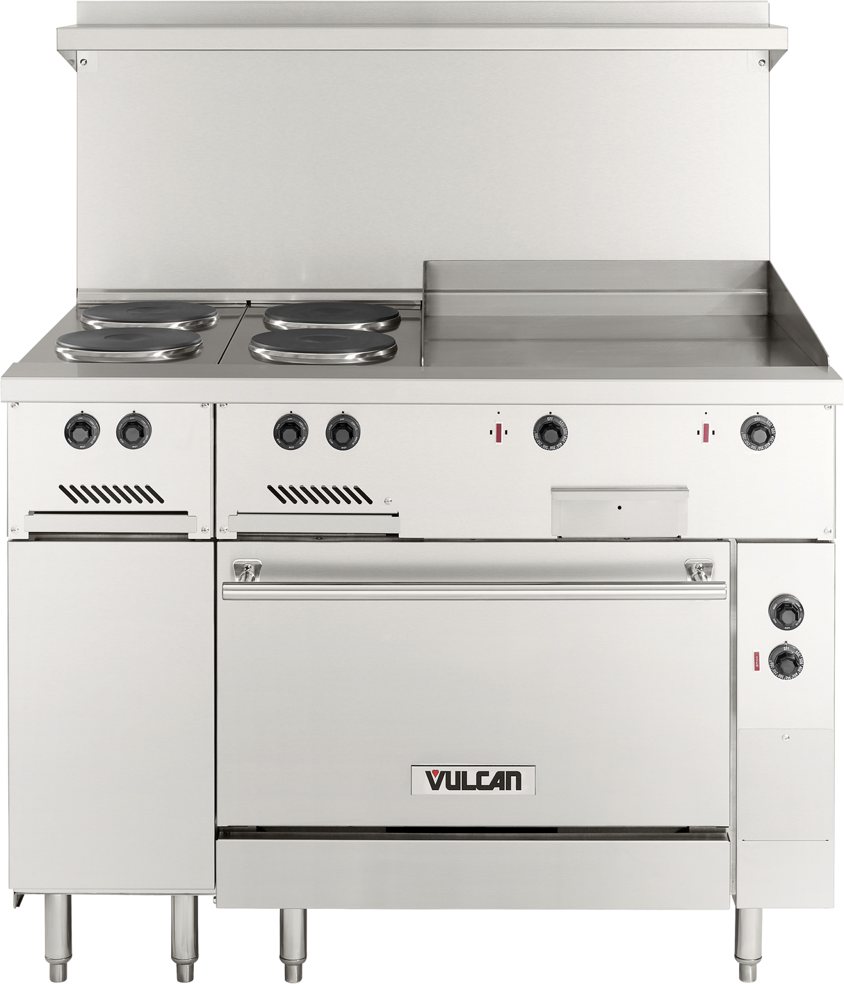 A commercial stainless steel restaurant range with two electric burners, an electric griddle, control knobs, oven door, and backsplash. The Vulcan logo is displayed on the front. This unit stands on four sturdy legs.