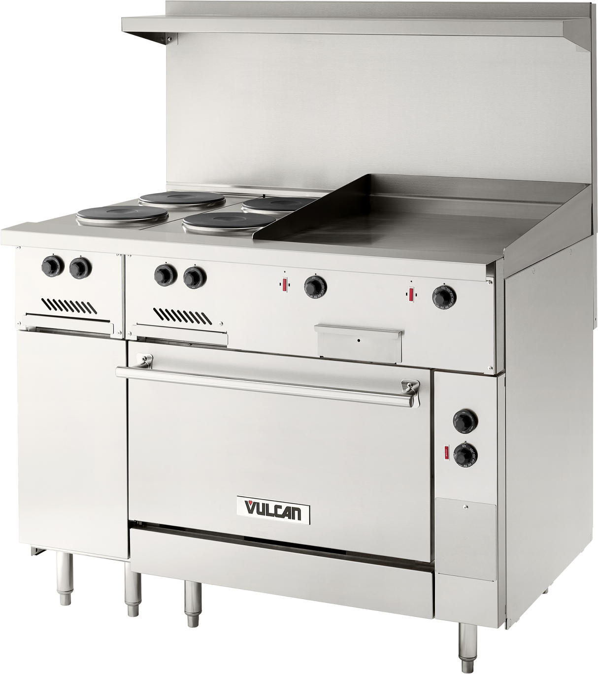A commercial 48 inch stainless steel restaurant range with three burners, a griddle, control knobs, an oven below, a backsplash, a shelf above, and four sturdy legs. The Vulcan brand is visible on the oven door.