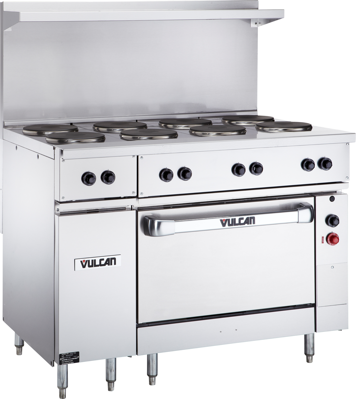 A commercial stainless steel Electric restaurant range with six burners or French hotplates on top, control knobs along the front, a standard oven below labeled Vulcan, an overhead backsplash, and sturdy metal legs for reliable kitchen use.