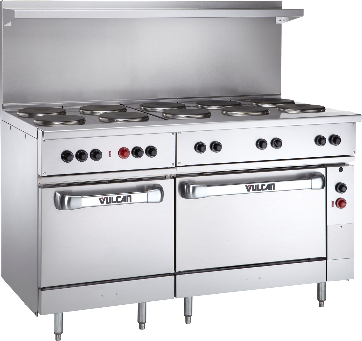 A large commercial Restaurant Range with eight electric French hotplates, stainless steel oven doors labeled “Vulcan,” control knobs above, backsplash, and adjustable legs, all crafted in sleek stainless steel against a plain background.