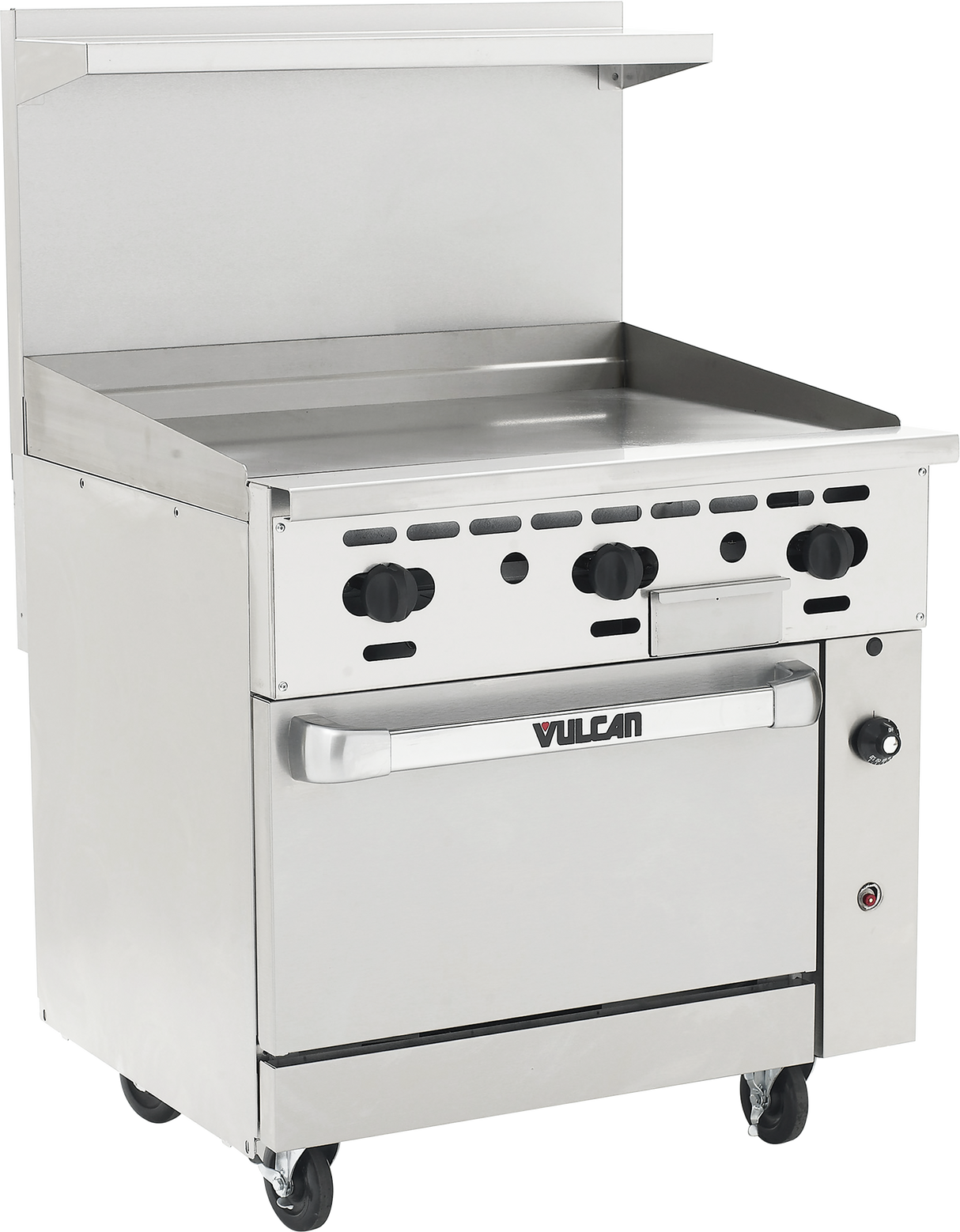 A commercial stainless steel restaurant range features four control knobs, a flat griddle top, and a spacious convection oven below with a Vulcan handle. It’s mounted on wheels with a raised backsplash and an upper shelf at the back.