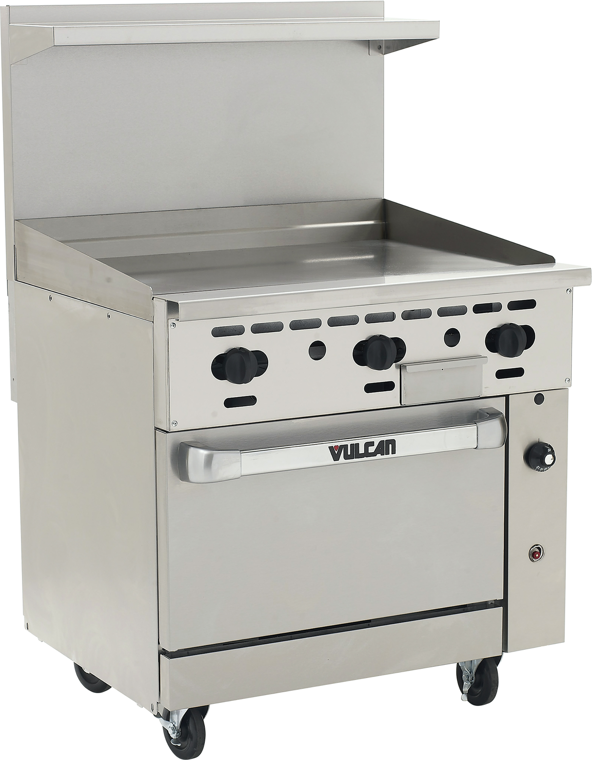 A sleek, industrial Restaurant range with a flat griddle top, four black control knobs, an oven door labeled "Vulcan," rear backsplash, sturdy wheels for mobility, and a handy shelf above the cooking surface—a perfect fit for any professional kitchen.