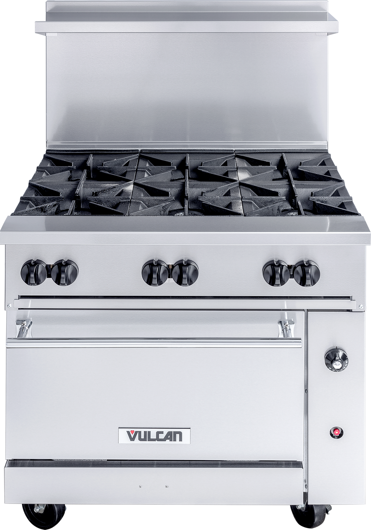 A stainless steel Vulcan restaurant range features 6 burners with black grates, four control knobs, an oven door below with a handle, and a shelf above. The Vulcan logo is visible on the front panel near the bottom.