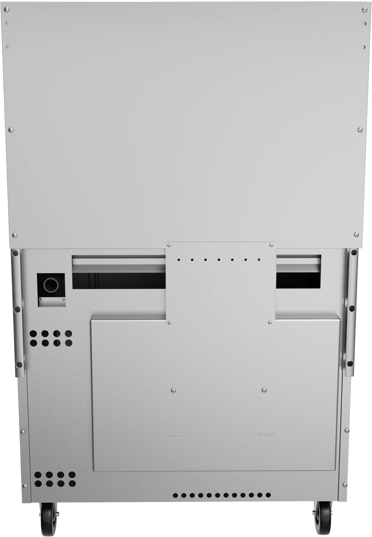 The image shows the back view of a restaurant range on wheels. The metal surface features ventilation holes, a power socket on the left, and several panels with screws. The lower section has extra vents and a central removable panel, ideal for griddle or gas oven use.