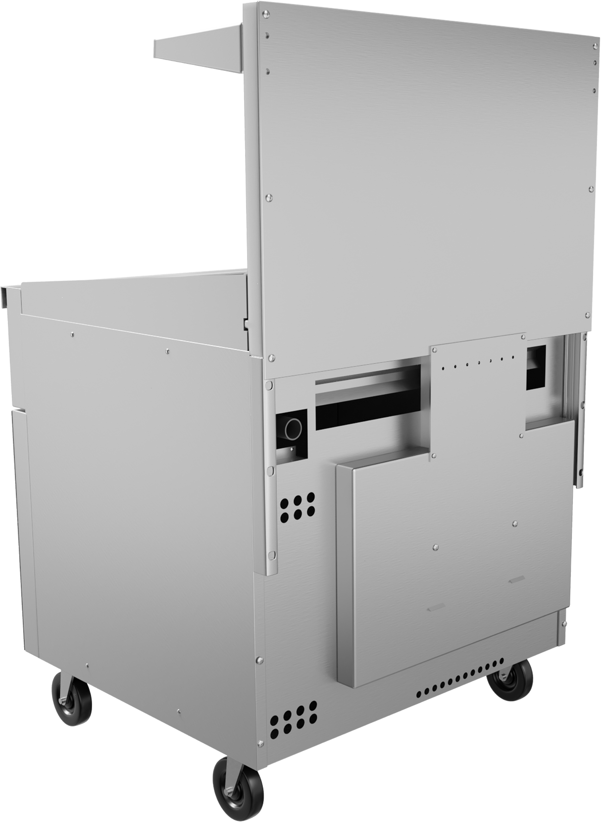 A stainless steel, wheeled cart with a rectangular shape and open rear panel, featuring ventilation holes, a storage compartment, and a wide upper shelf. Perfect for holding griddle tools or supporting equipment near your restaurant range in kitchen settings.