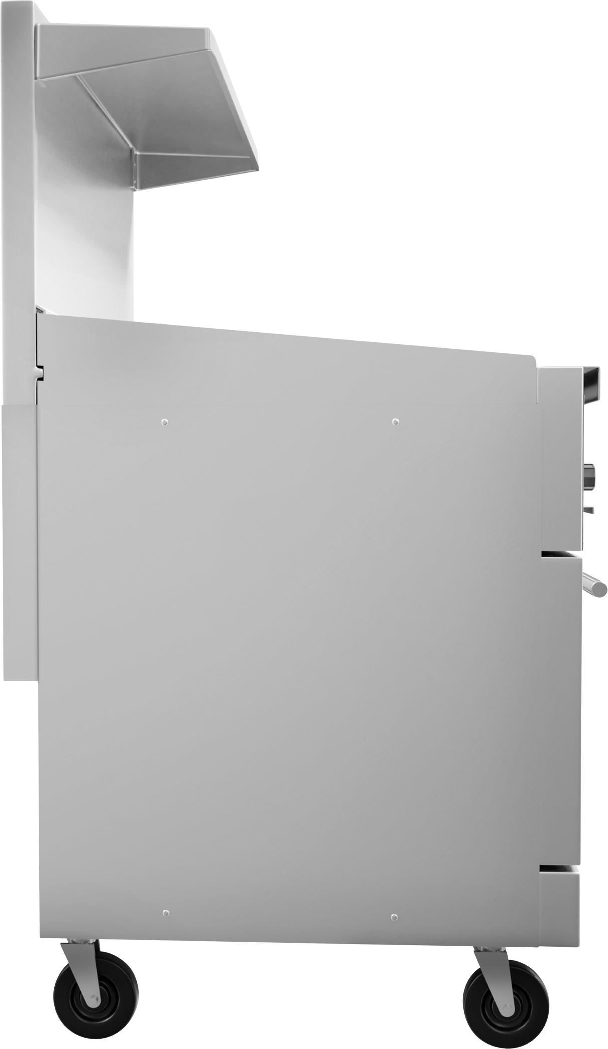 A sleek, stainless steel cart with two black wheels, viewed from the side. Featuring a top shelf and a back handle, it pairs perfectly with any restaurant range or gas oven, adding to its modern, industrial appeal.