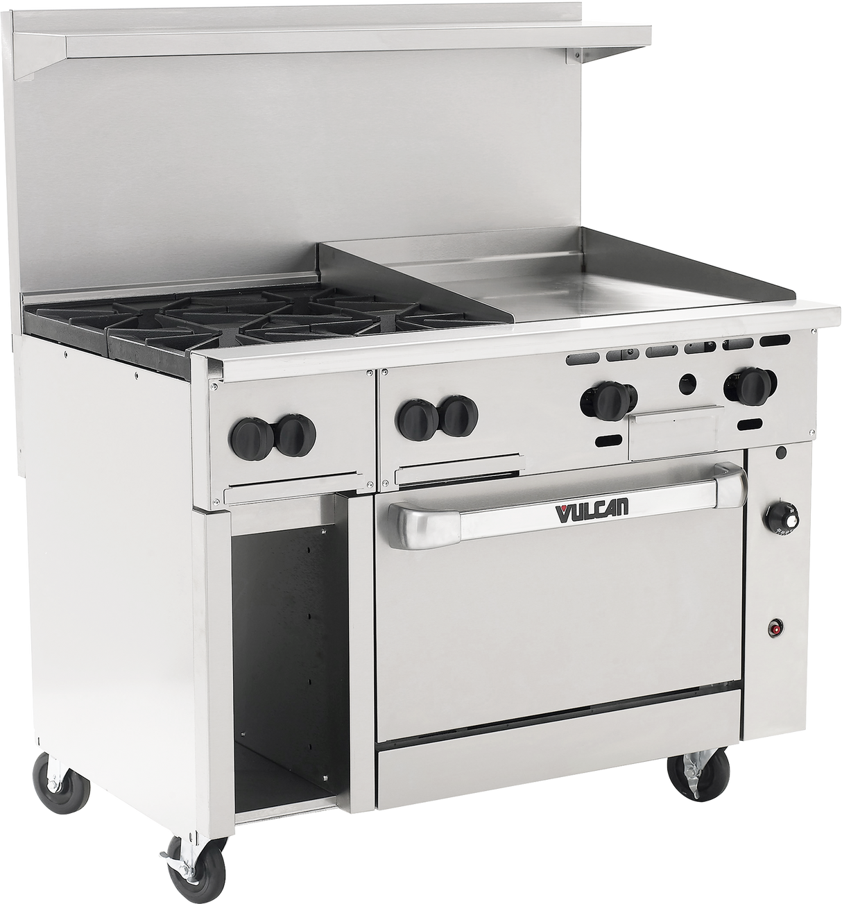 A commercial restaurant range with four gas burners on the left, a flat griddle oven on the right, front control knobs, an oven below with Vulcan branding, a raised backsplash, and wheels for easy mobility.