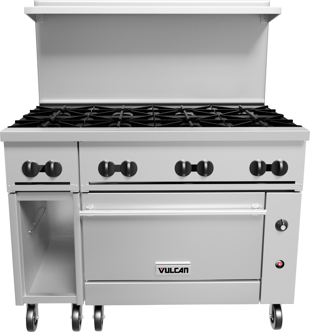 A large stainless steel restaurant range with six gas burners, a spacious oven, side cabinet, and raised back shelf. The front features six control knobs, an oven handle, Vulcan logo, and the unit rests on four caster wheels.