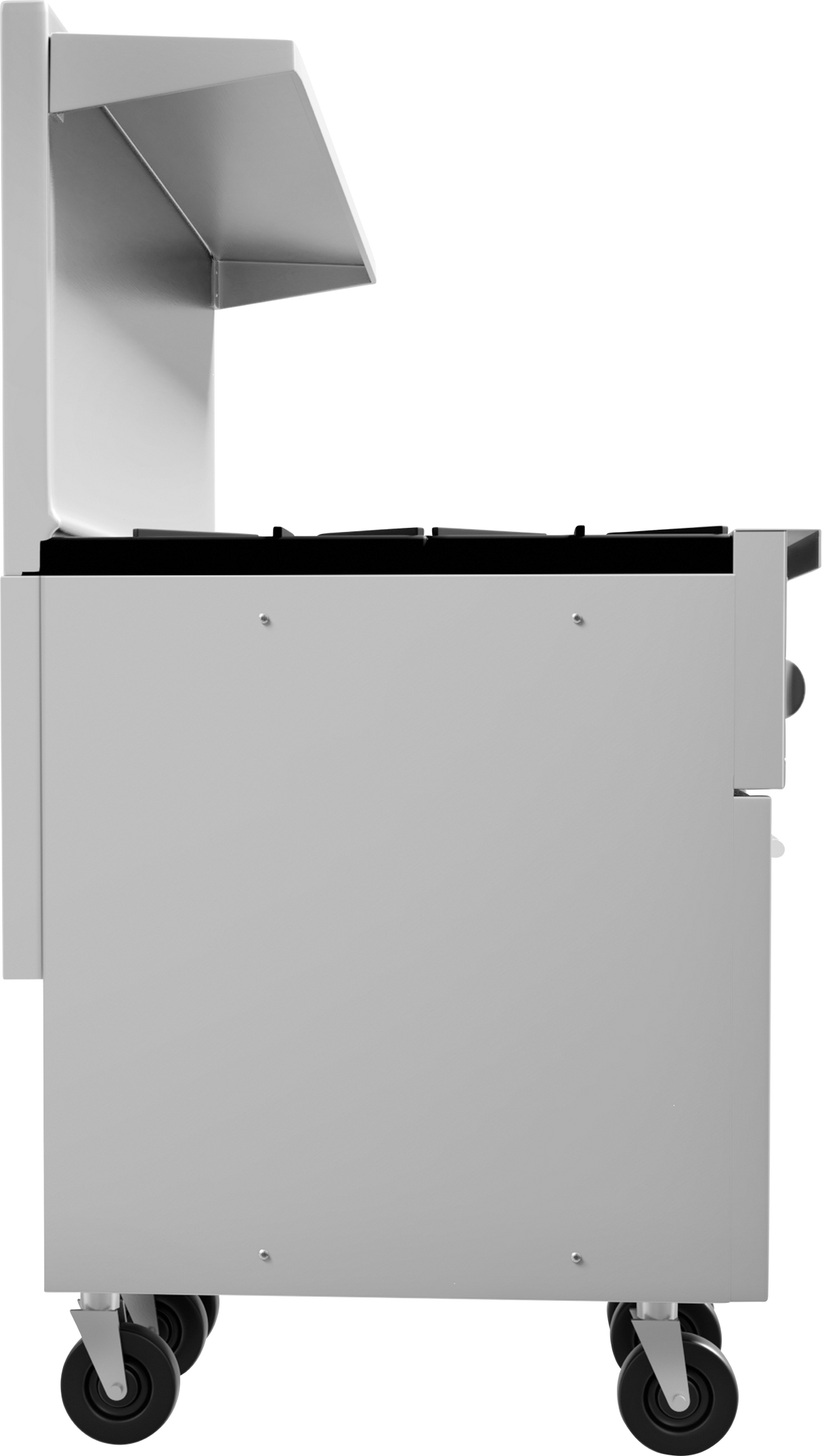 A stainless steel restaurant range is shown from the side, featuring four gas burners on top, a control knob, an elevated back guard, and four caster wheels for mobility; the background is plain and white.