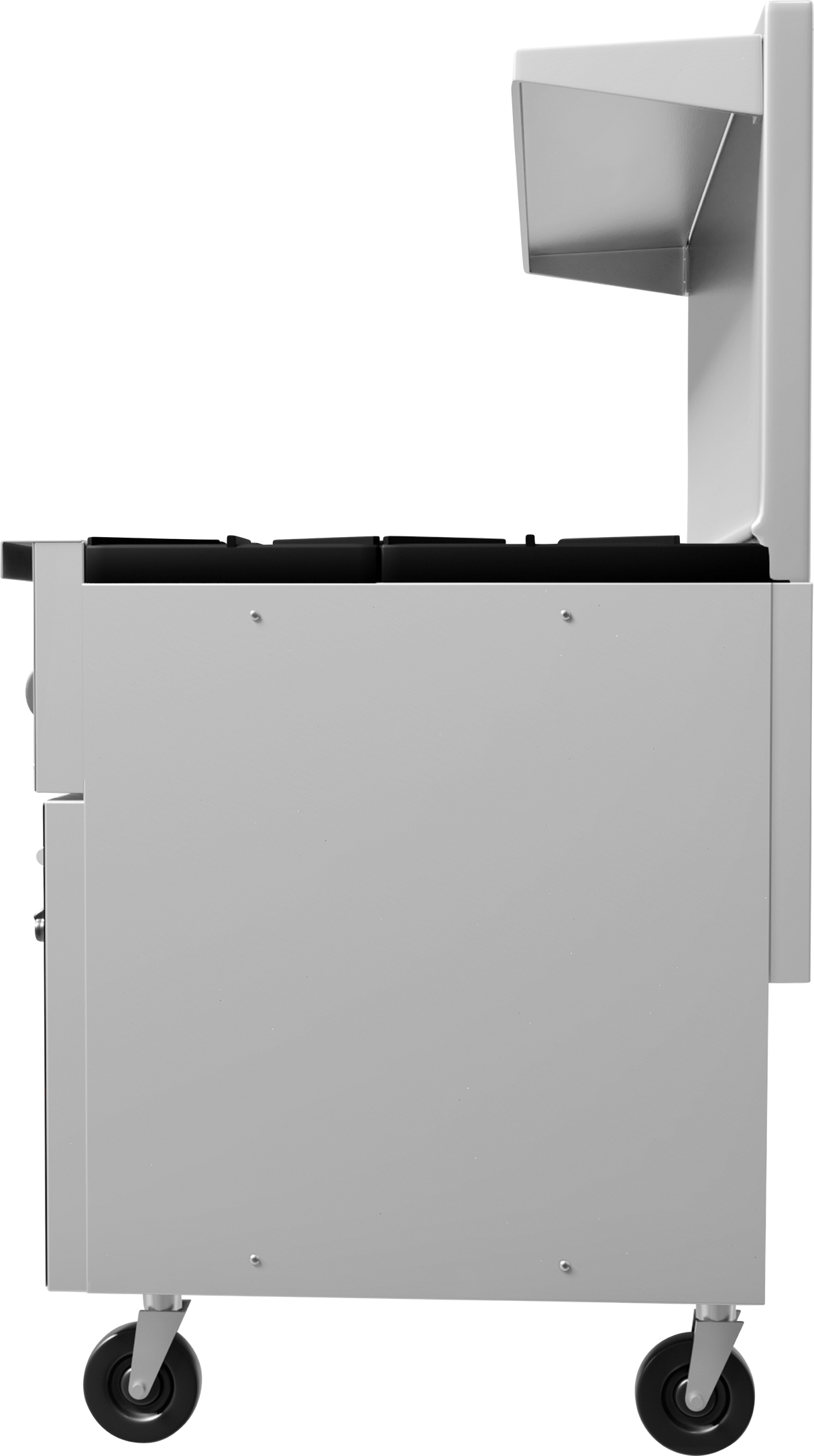 A sleek, gray metal cart with four black wheels. The cart features black rectangular compartments and a raised vertical panel with a shelf, making it perfect for organizing tools next to a restaurant range or stainless steel oven. Viewed from the side.