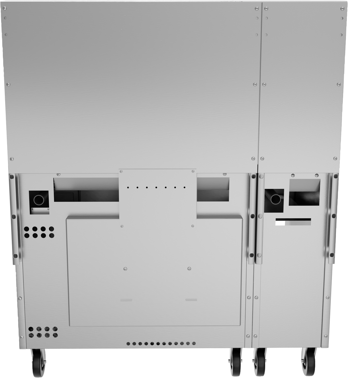 A close-up rear view of a large, industrial metal machine on wheels—likely a restaurant range—showing panels, vents, screws, handles, and openings; it appears sturdy and functional with a clean, stainless steel finish.