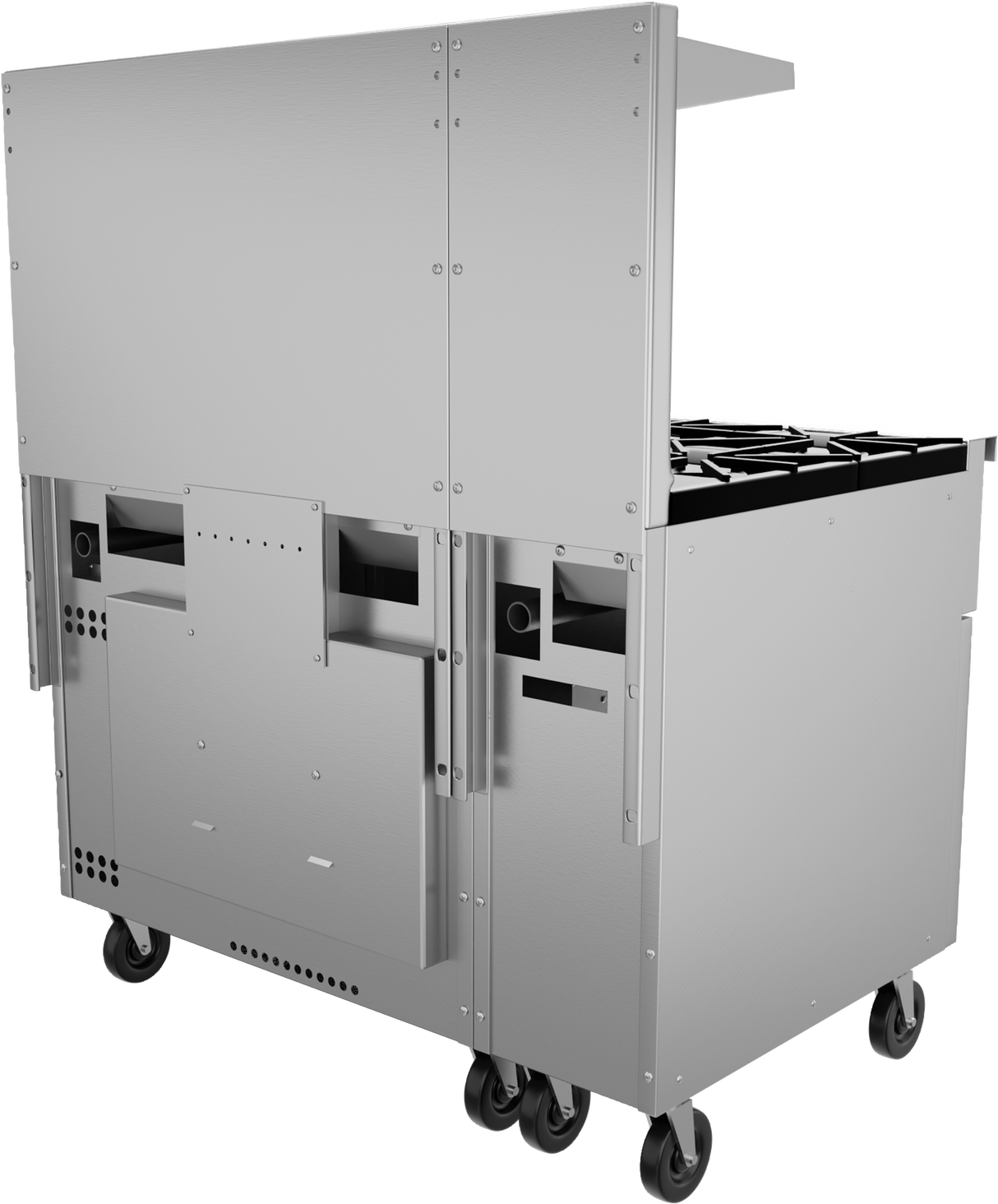A large industrial stainless steel restaurant range is shown from the back and side. It features ventilation panels, sturdy handles, and four caster wheels for mobility. Gas burners and a raised back panel are partially visible on the right side.