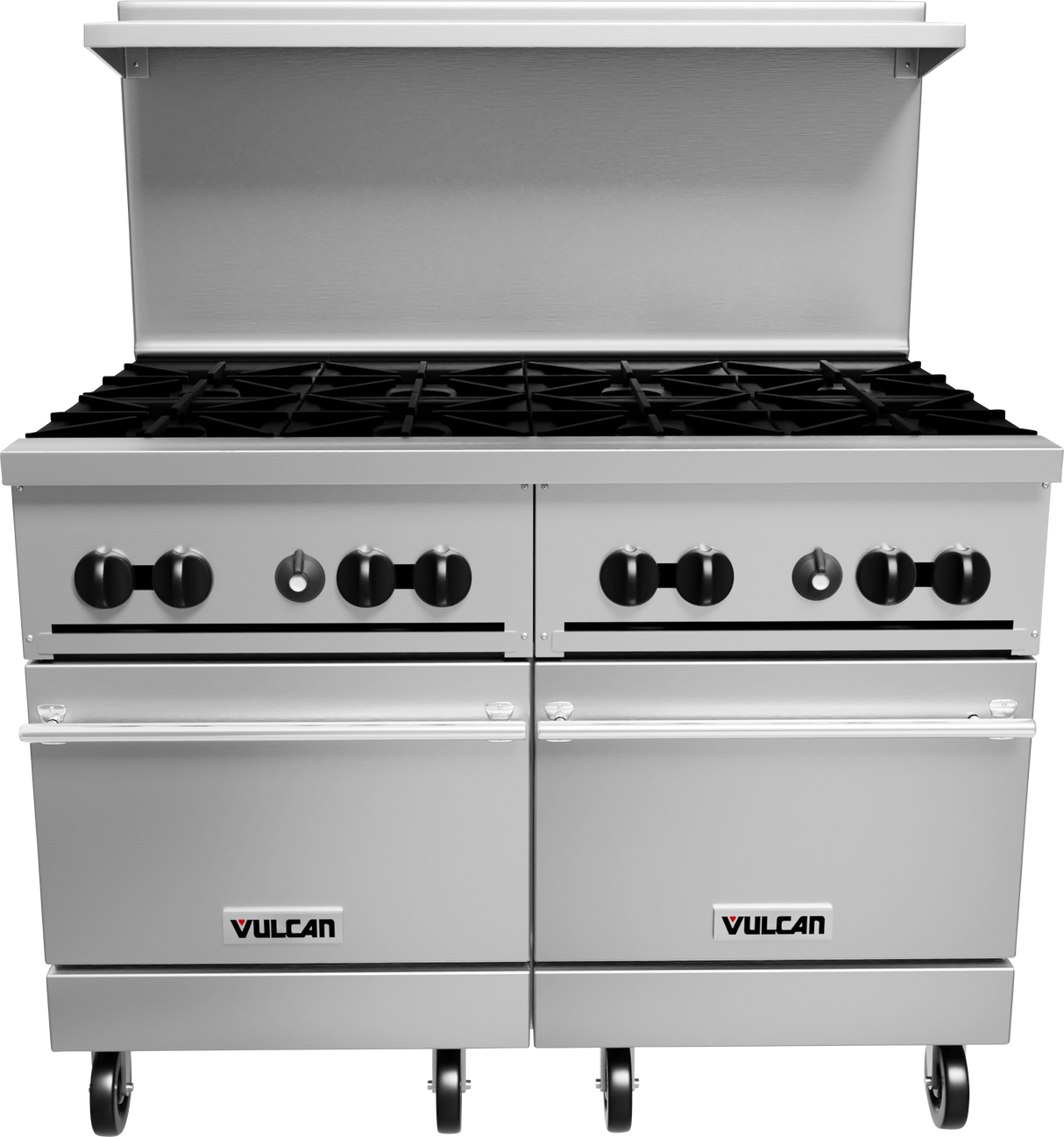A commercial stainless steel Vulcan restaurant range featuring eight gas burners with black knobs, two large standard ovens below, and a backsplash. The unit stands on sturdy wheels for mobility, with the Vulcan logo on both oven doors.