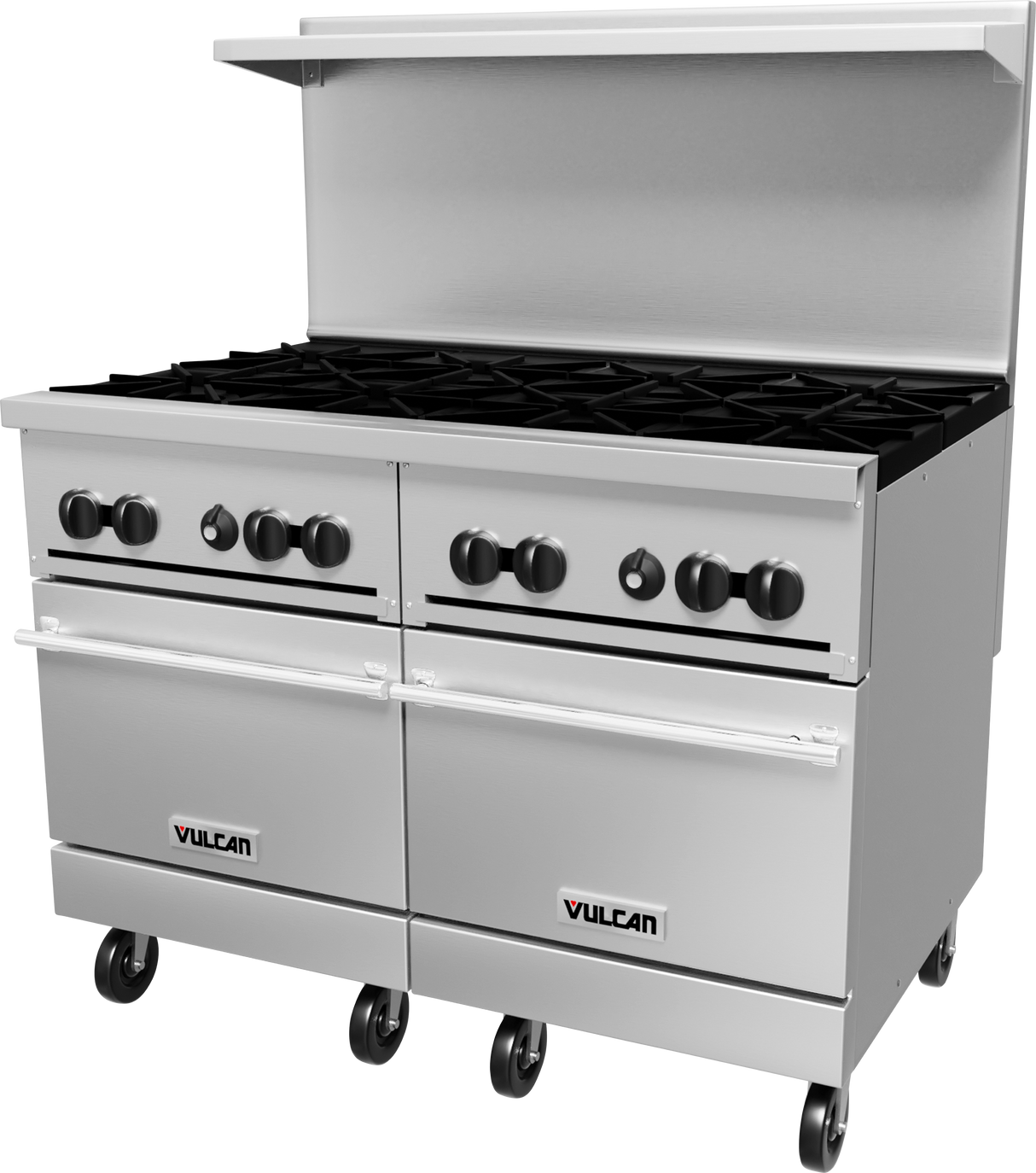 A large commercial restaurant range with eight gas burners, standard ovens below, control knobs on the front, a backsplash, and four caster wheels. The brand name Vulcan appears on both oven doors.