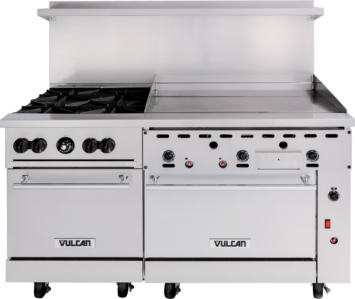 A commercial stainless steel Vulcan 60SC-4B36GTN restaurant range features four gas burners on the left, a large gas griddle on the right, two oven doors below, multiple control knobs, a backsplash, and adjustable legs with wheels.