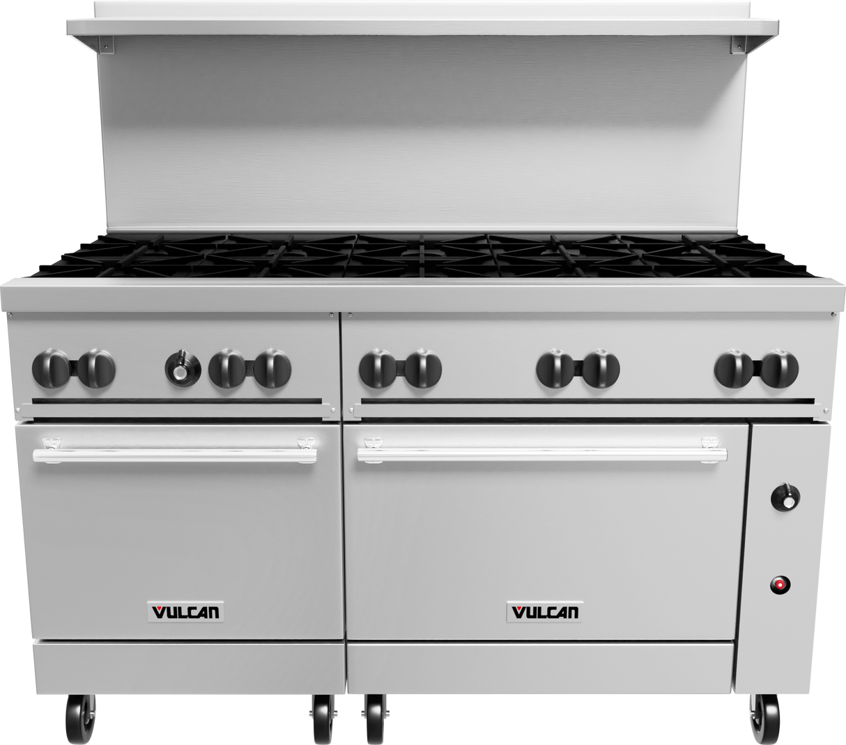A large commercial Vulcan restaurant range made of stainless steel, featuring eight natural gas burners, two oven doors, control knobs above each door, a backsplash with a shelf, and four wheels for easy mobility.