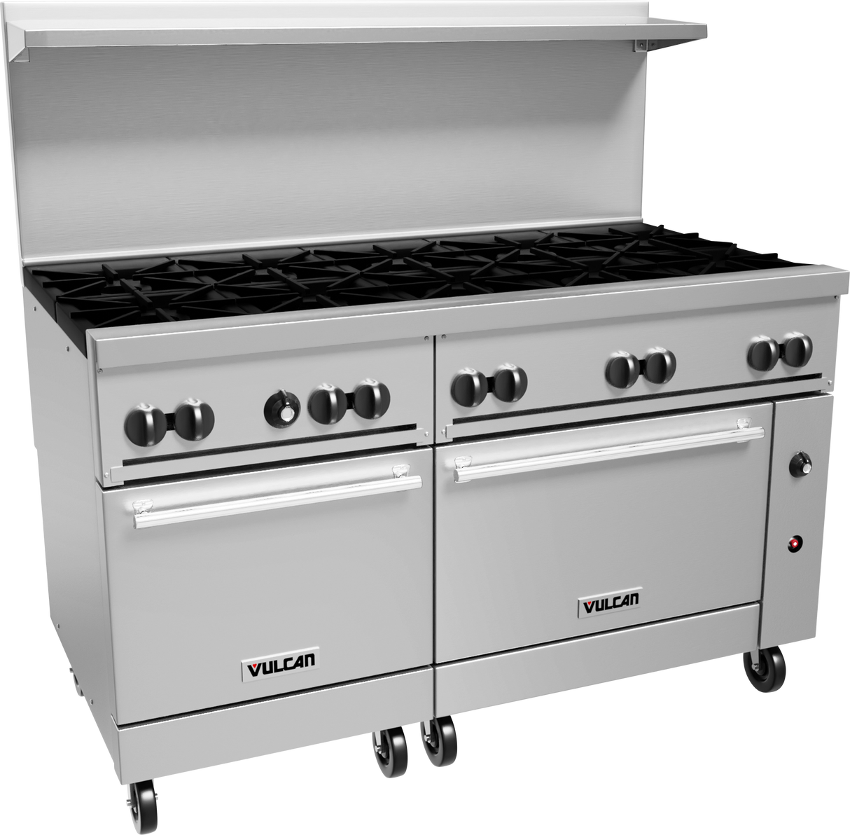 A large commercial Vulcan restaurant range with eight black natural gas burners, two oven doors below, on caster wheels for mobility. Features a stainless backsplash and a shelf above the burners for added convenience.