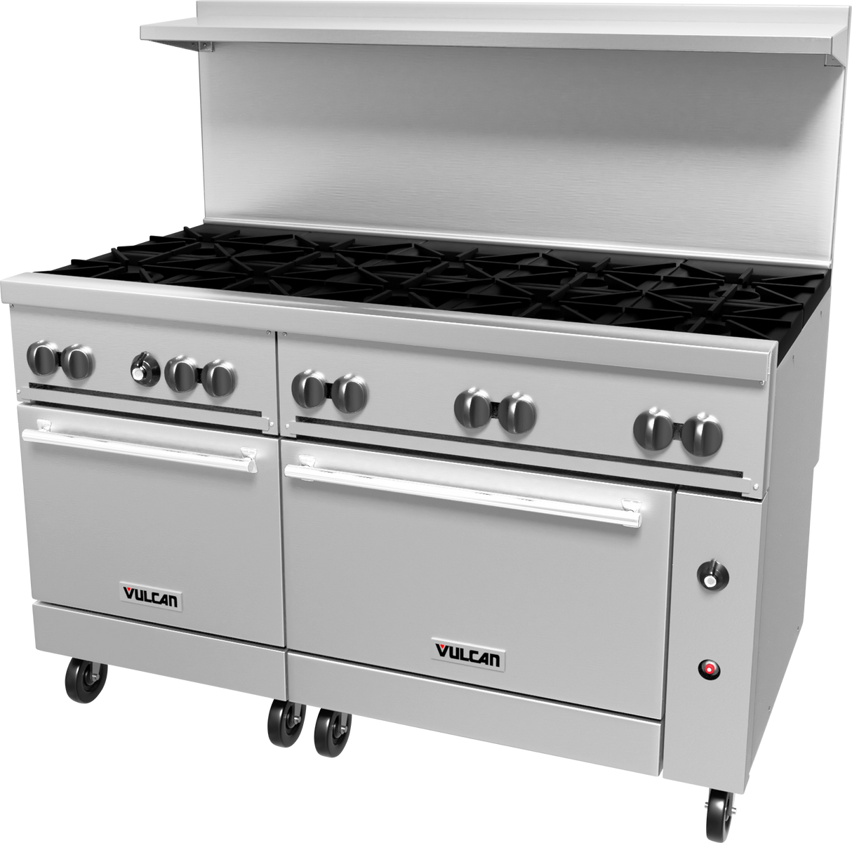 A large stainless steel commercial restaurant range with eight burners, two oven doors, control knobs, and caster wheels. An overhead stainless steel shelf is attached at the back. The Vulcan natural gas oven brand is visible on both doors.