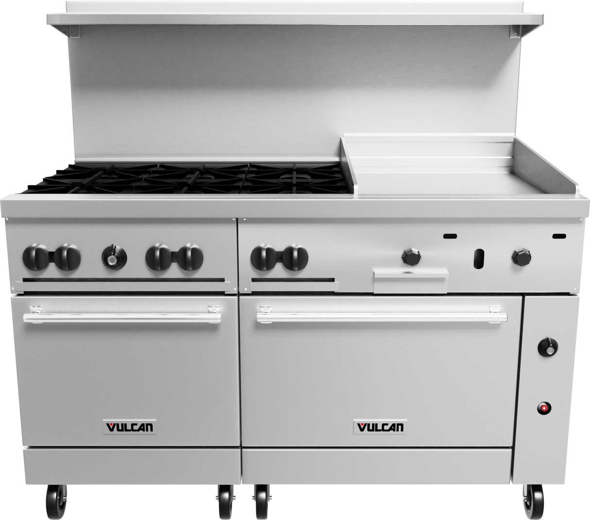 A commercial stainless steel Vulcan 6 burner restaurant range features six gas burners, a flat-top griddle, two ovens below, control knobs above each oven, a shelf above the cooktop, and wheels for mobility in a clean industrial design.