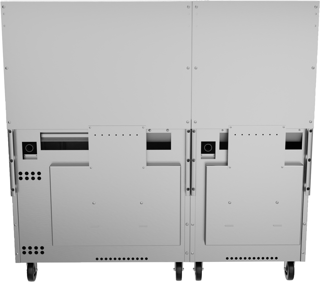The image shows the back view of a large, industrial metal equipment unit on wheels. The panel features screws, ventilation holes, and access panels, resembling the rear of a restaurant range or thermostatic griddle used in commercial kitchens.