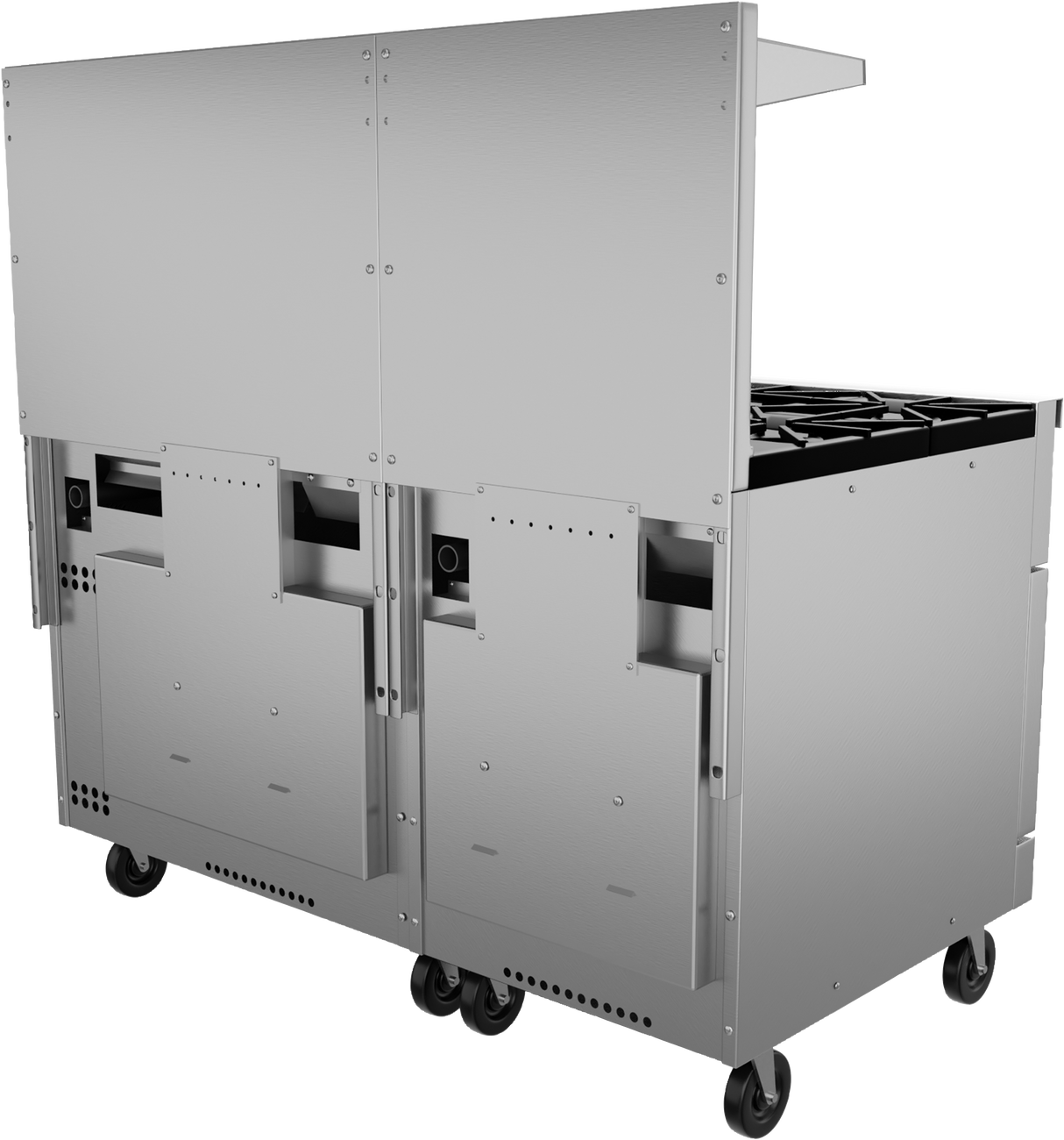 A stainless steel restaurant range on wheels, featuring two compartments and gas burner grates on top. The appliance has vents, handles, and is built for mobility and functionality in a professional cooking environment.