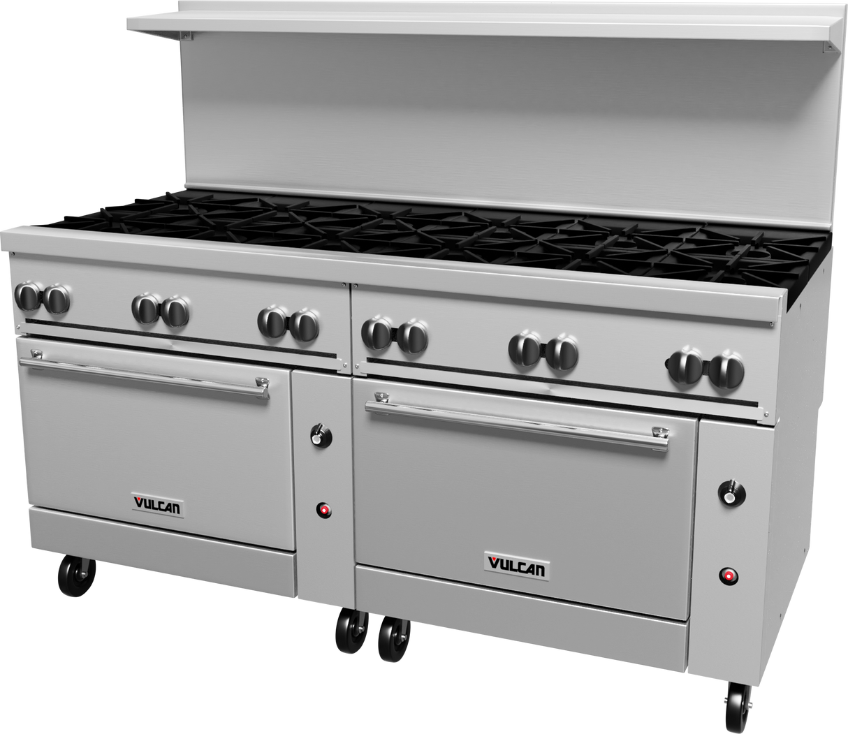 A large commercial stainless steel restaurant range with eight burners, double gas ovens below, multiple control knobs, and caster wheels for mobility. The back features a raised shelf and backsplash, with the Vulcan brand logo on each oven door.