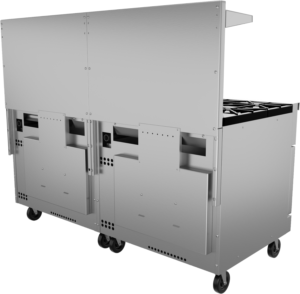 A large, industrial stainless steel restaurant range on wheels, featuring two lower compartments with vents and handles, a manual griddle, and four gas burners visible on the right side. The surface and sides have a sleek, brushed metal finish.
