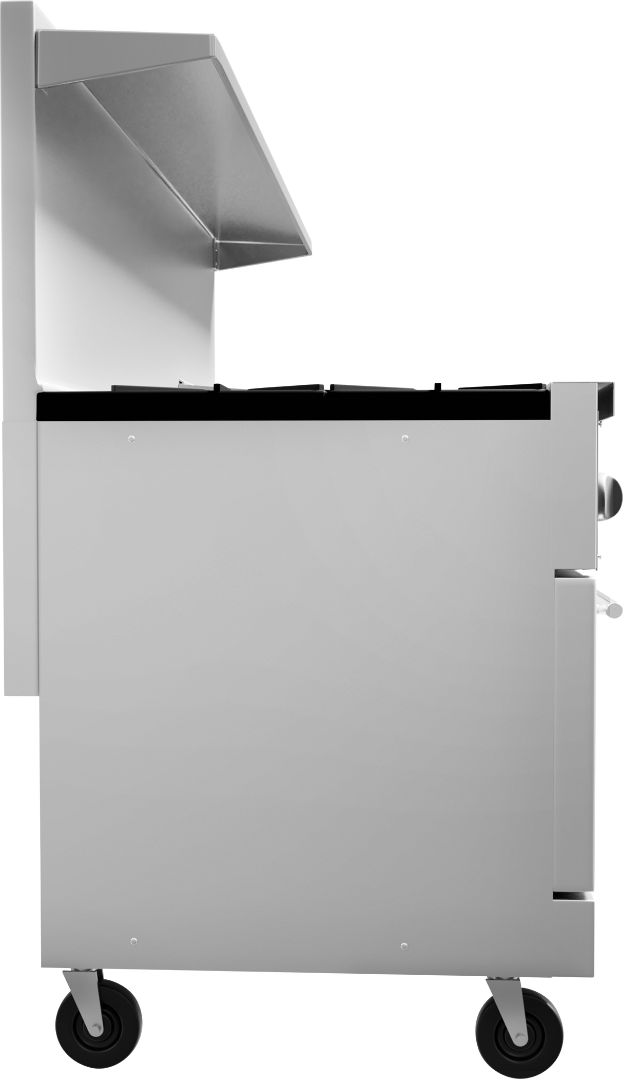 A side view of a sleek, stainless steel rolling grill cart with gas burners, a hood, black cooktop, control knobs, and two large wheels. Its minimalist modern design and sturdy rectangular build evoke a professional restaurant range.