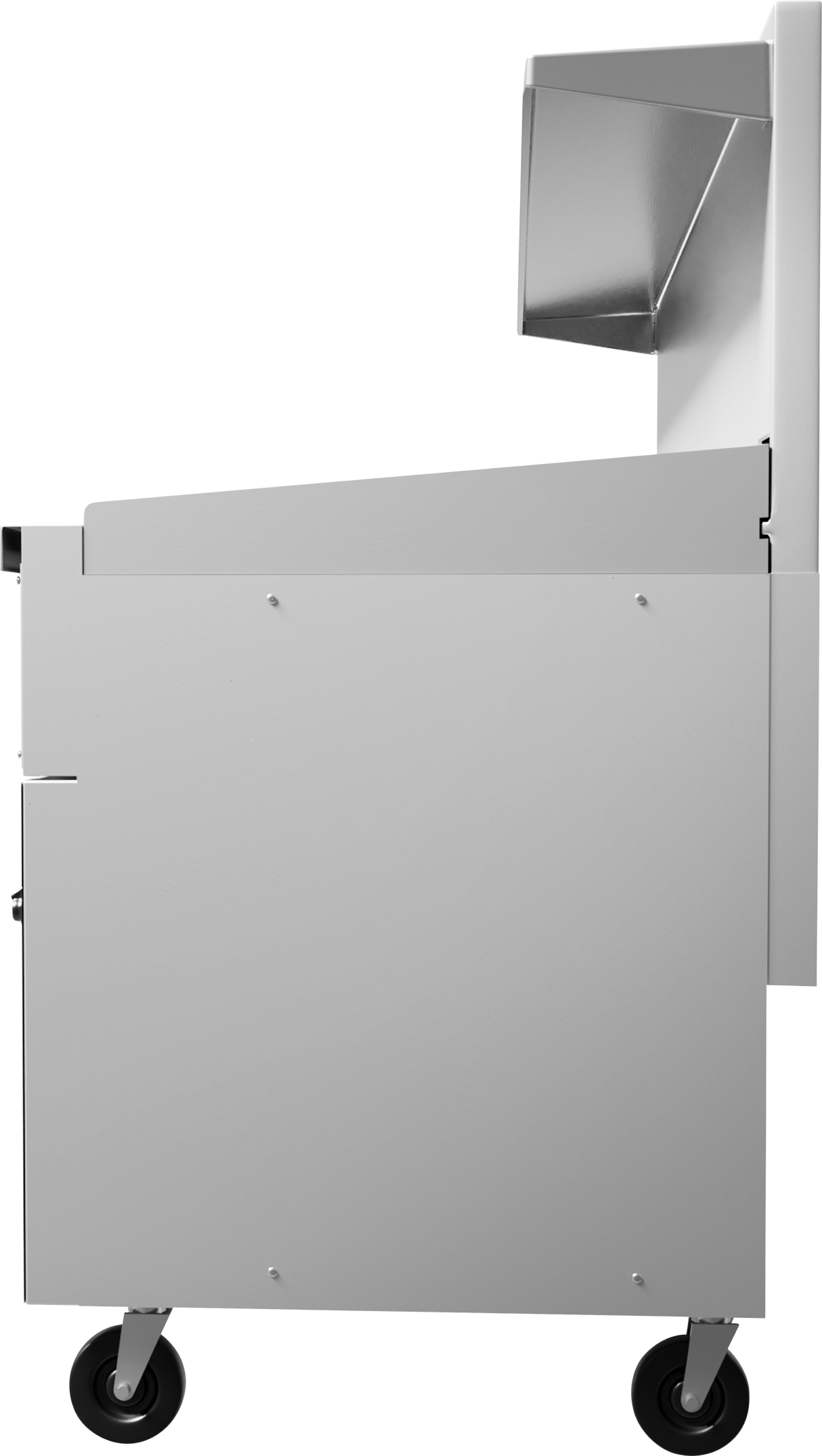 Side view of a stainless steel restaurant range on four black wheels. The upper section features a metal chute or tray, and the minimalist design includes smooth, flat surfaces and visible screws. The appliance sits on a plain white background.