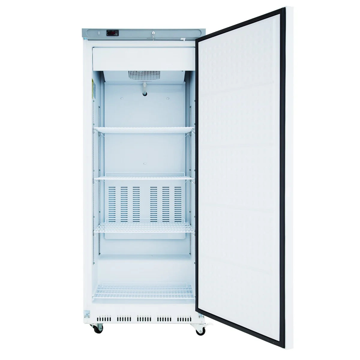 A tall, white Empura Freezer is shown with its single door open. Inside, three metal shelves and a vent are visible. The commercial reach-in freezer stands on four caster wheels, and its clean interior and door are both empty.