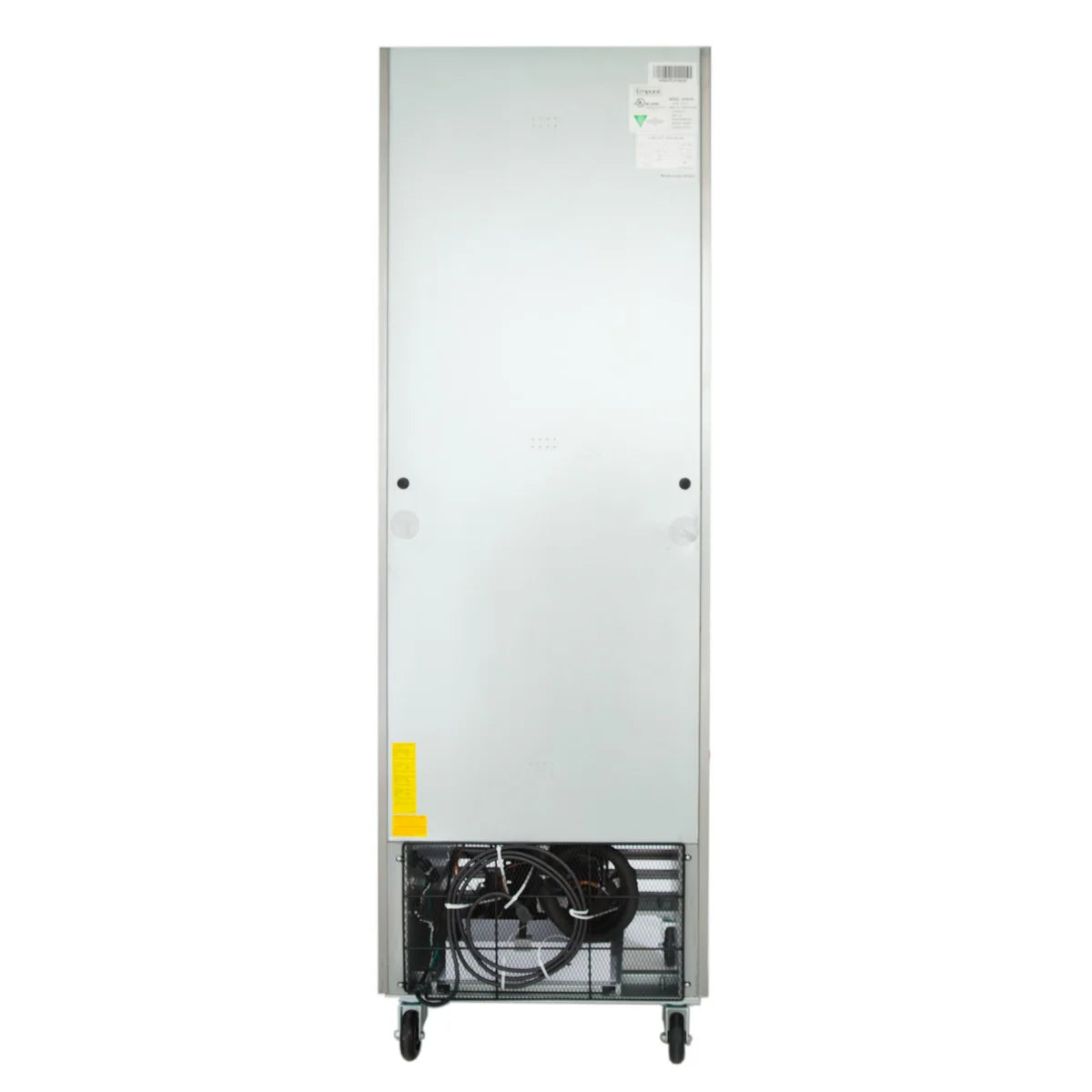 A tall, silver Empura Refrigeration reach-in refrigerator is shown from the back. The top is flat and featureless, with a small white label. The lower section displays black compressor components, wiring, ventilation grilles, and four caster wheels.