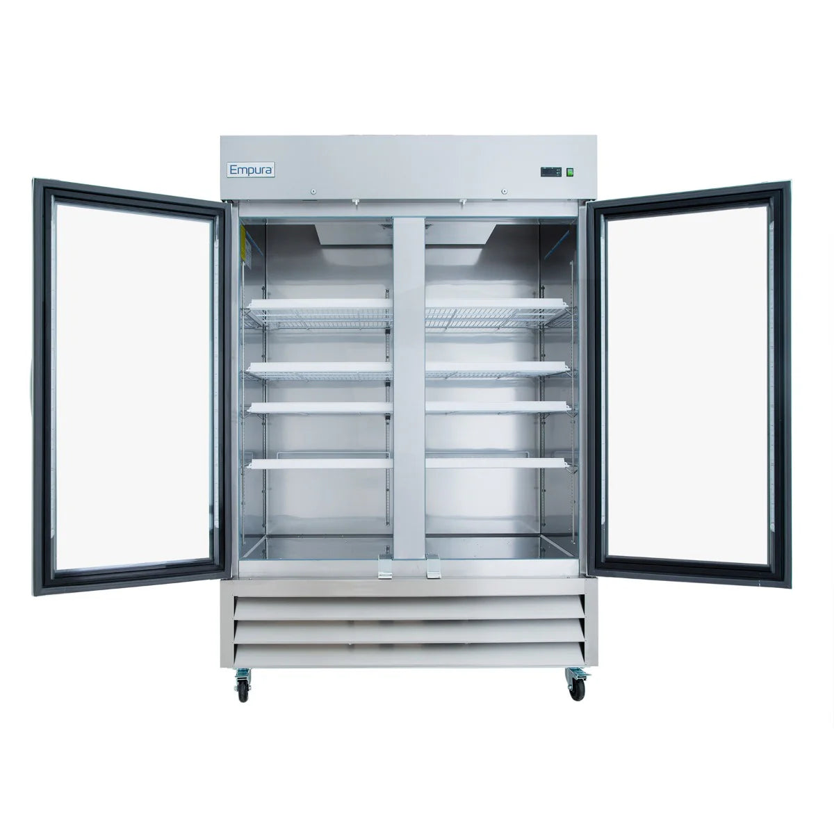 A commercial stainless steel freezer, the Empura E-KB54FG features two open glass doors revealing multiple empty wire shelves. This reach-in unit is on wheels, with the Empura name displayed on the top front panel against a plain white background.