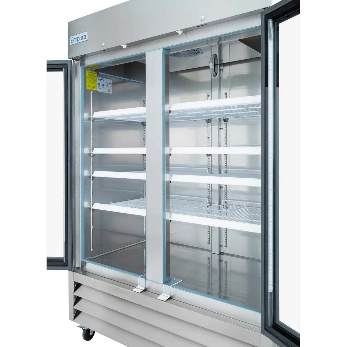 A large Empura E-KB54FG commercial reach-in freezer with two open glass doors and empty wire shelves inside. The stainless steel freezer is well-lit, has a bottom vent, and the brand name “Empura” on the top left corner.