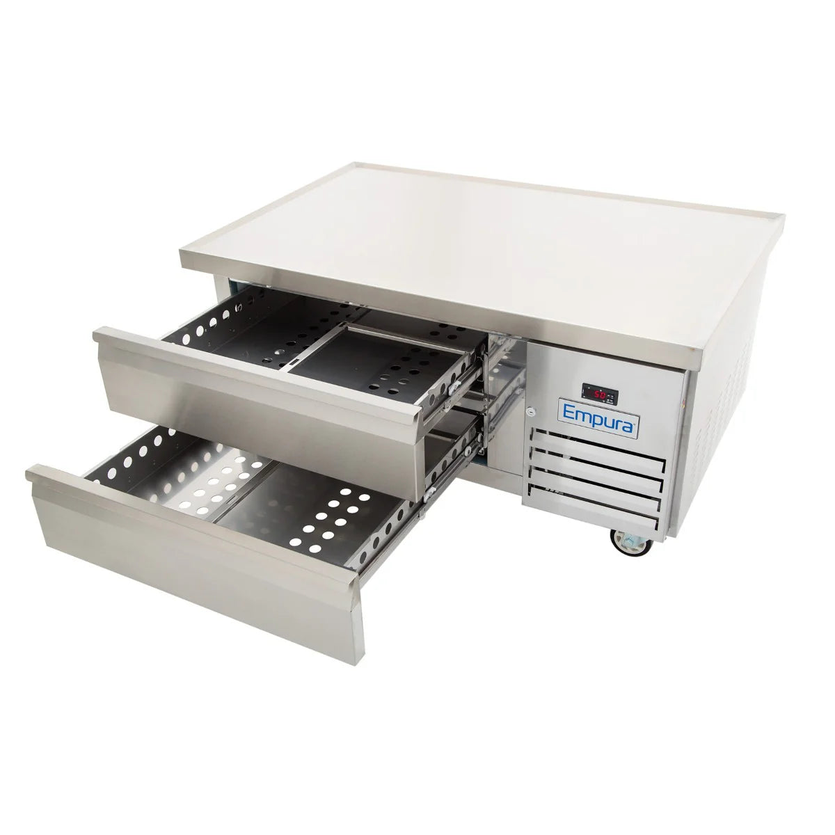 A stainless steel Empura refrigerated equipment stand features two open perforated metal drawers, a flat worktop surface, digital control panel, and vented section on wheels. The Empura refrigeration label is visible on the front right side.