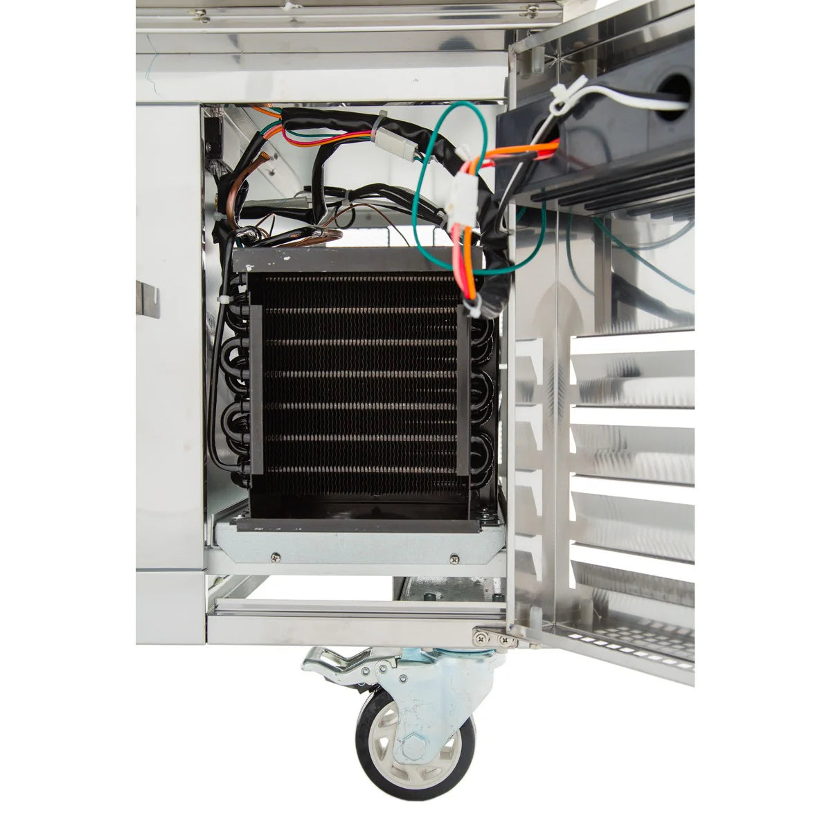 Close-up of the inside of an Empura refrigeration unit, featuring a stainless steel cooling system with coiled tubes, colored wires, an open door on the right, and a caster wheel below for easy movement—ideal for a refrigerated equipment stand.