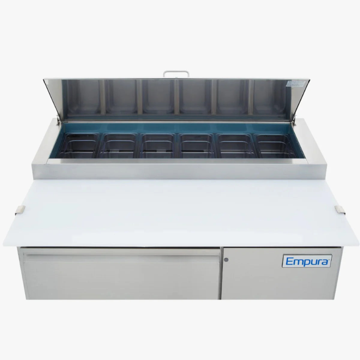 A stainless steel Empura pizza prep table with commercial refrigeration features an open top lid revealing eight black food pans. The unit includes a white cutting board and a blue Empura logo on the lower right, set against a plain white background.