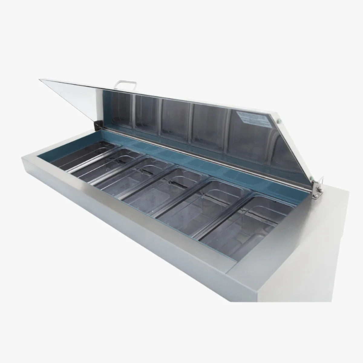 A stainless steel pizza prep table with commercial refrigeration features a transparent lid propped open, revealing six rectangular compartments—each with a clear cover—ideal for storing ingredients in any restaurant or kitchen setting.