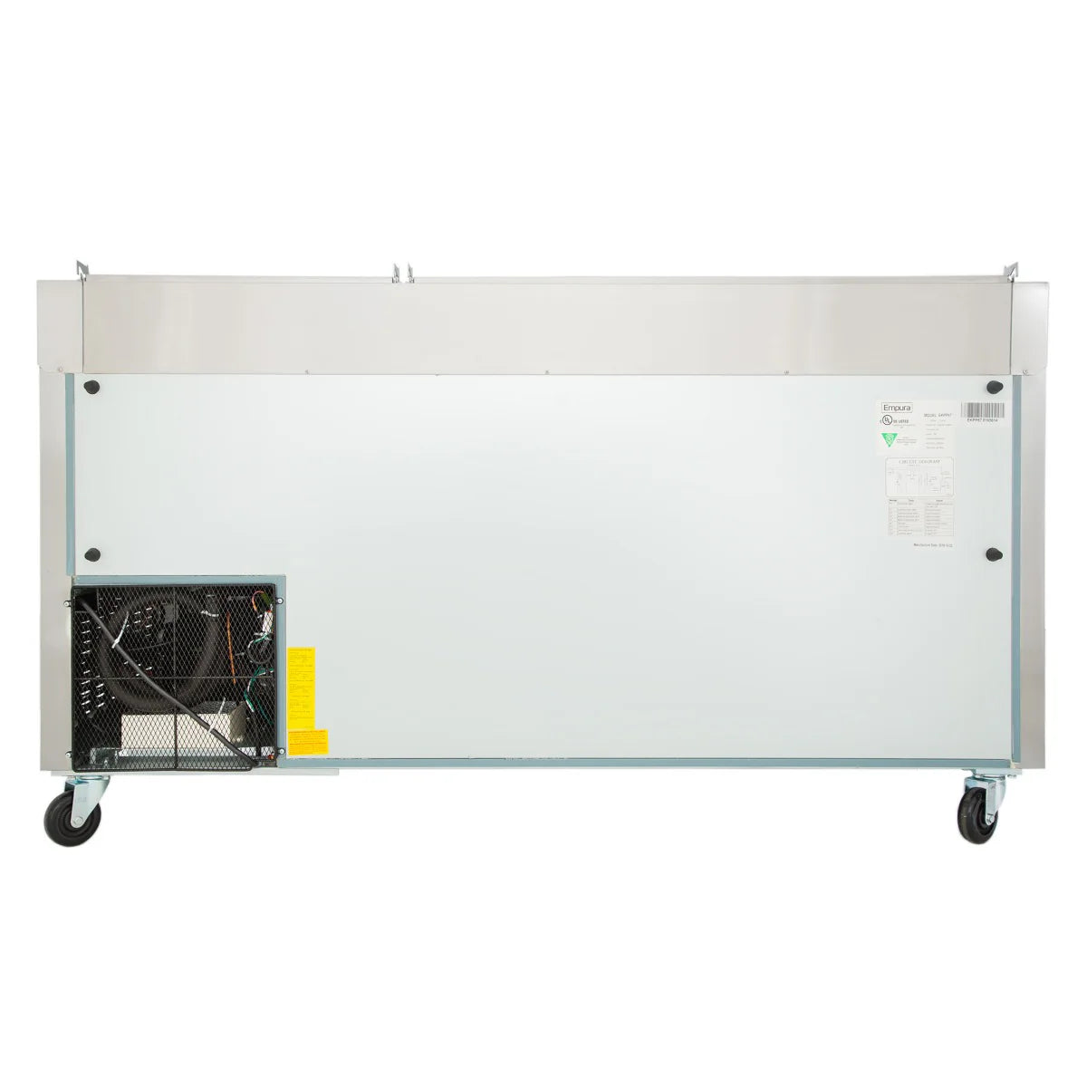 A commercial Empura Refrigeration unit with a stainless steel exterior is viewed from the back. The fridge sits on four caster wheels, with a visible compressor compartment and information stickers on the rear right panel.