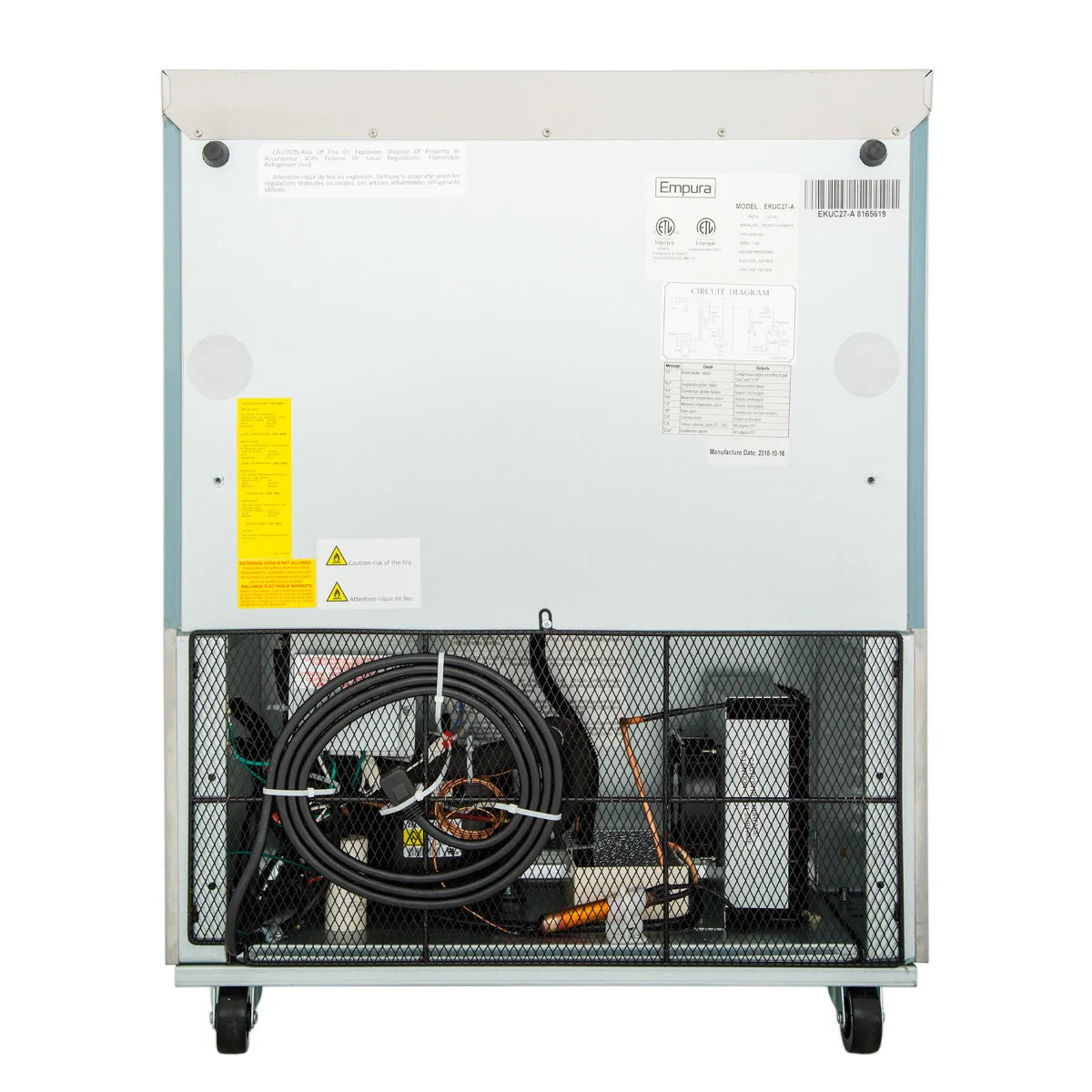 The back view of an Empura Refrigeration Undercounter Reach-In Refrigerator on wheels. The 5.4 cu. ft. capacity unit shows coiled black tubing, wires, and compressor parts behind a grid, with metallic panels above featuring product labels and warning stickers.