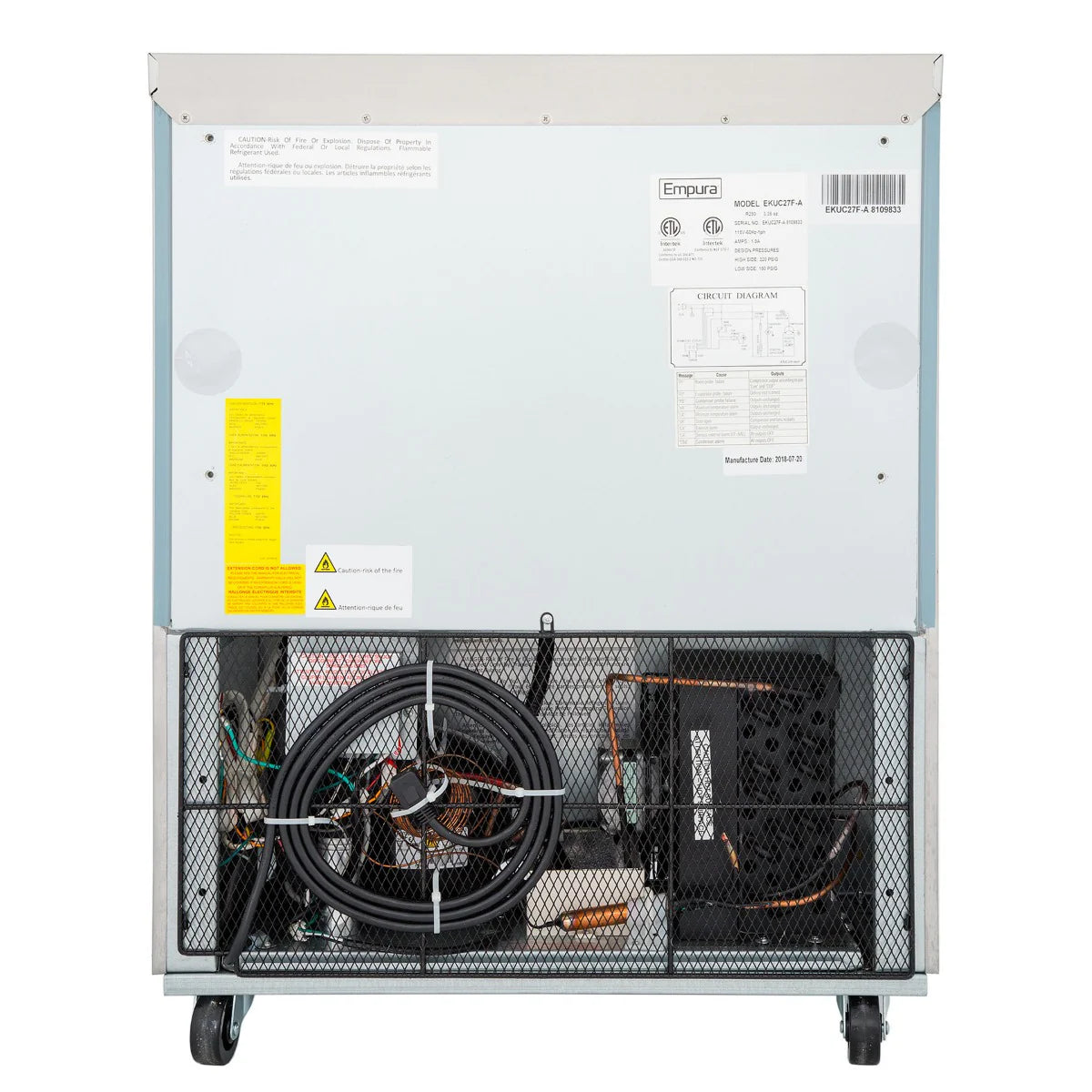 Back view of an Empura Freezer showing a metal panel with labels and warnings, above a mesh compartment revealing electrical wiring, coiled tubing, and a black compressor unit. This commercial freezer is mounted on wheels for mobility.