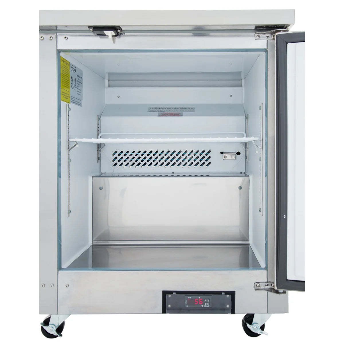 A stainless steel Commercial Freezer with its single door open reveals empty white interior shelves and a digital temperature display reading -56°F at the bottom. This Empura Freezer is on wheels and features a vented back panel inside.