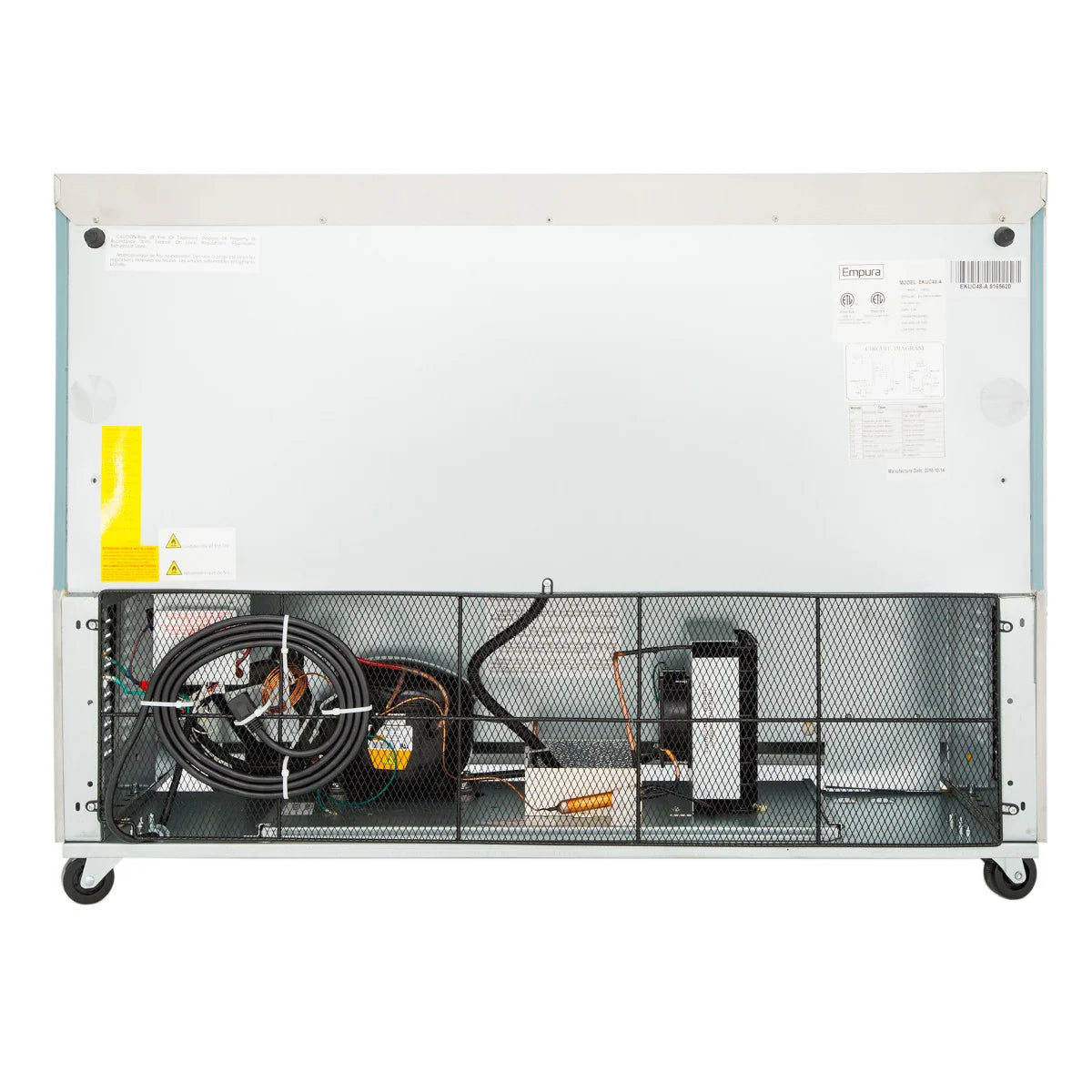 The image shows the back of an Empura Refrigeration undercounter reach-in refrigerator. The lower section reveals internal components, including a coiled black compressor, wiring, ventilated mesh cover, caster wheels, and labeled white upper panel.