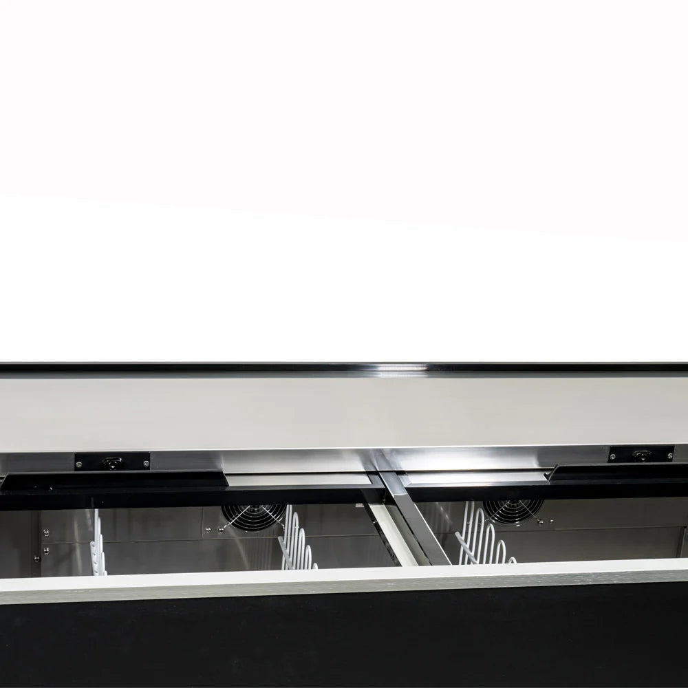 Close-up view of an Empura commercial refrigeration unit with sliding glass doors partially open, revealing white wire shelves and ventilation fans inside. The exterior bottle cooler is black and silver, set against a plain white background.